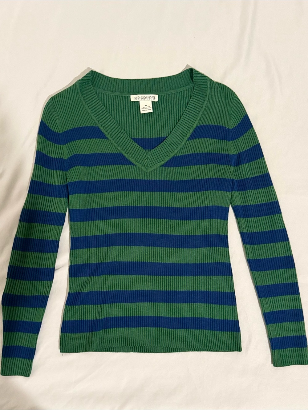 Cocovive Striped V-Neck Sweater in Green & Blue